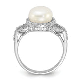 Sterling Silver Rhodium-plated 9-10mm White Button Freshwater Cultured Pearl and CZ Ring